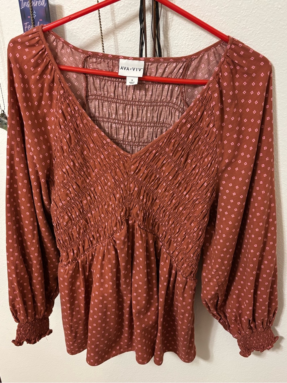 Ava & Viv Rust Smocked V-Neck Peasant Blouse